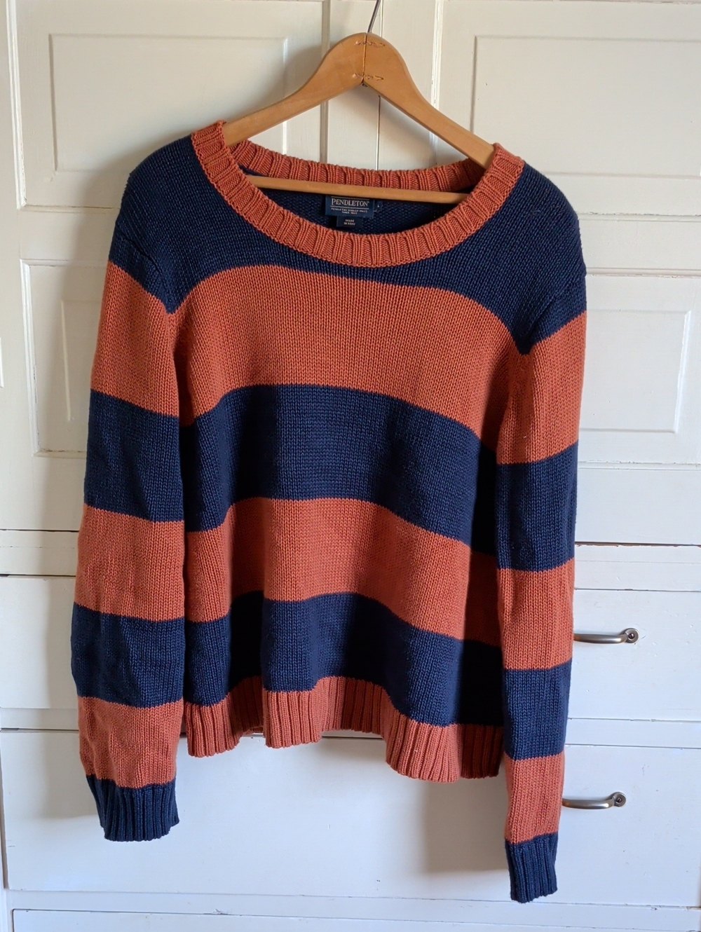 Pendleton Striped Crewneck Sweater in Rust & Navy